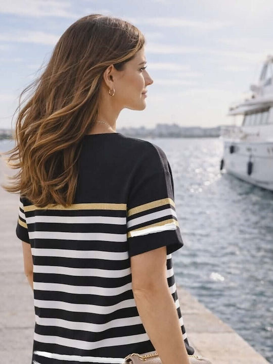Women's Crop Top Short Sleeve Striped Gold