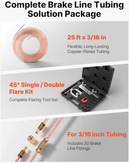 Vevor Brake Pipe Repair Kit Flaring Tool 45° Pipe 7.6 M X 4.76 Mm 16 Fittings 4 Connectors Pipe Cutter 5 Adapters Pqgkgqyjkkgjovjik001v0
