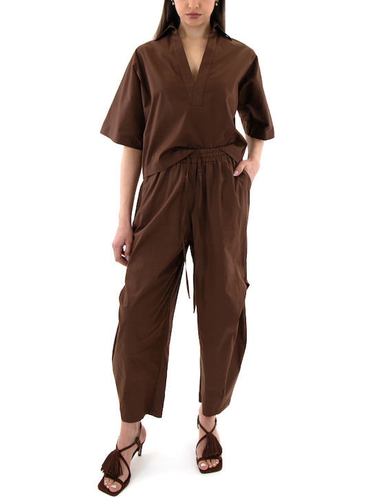 Pants Γυναικείο Ψηλόμεσο Υφασμάτινο Παντελόνι με Λάστιχο Καφέ