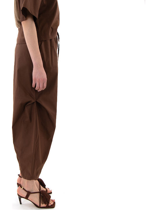 Pants Γυναικείο Ψηλόμεσο Υφασμάτινο Παντελόνι με Λάστιχο Καφέ