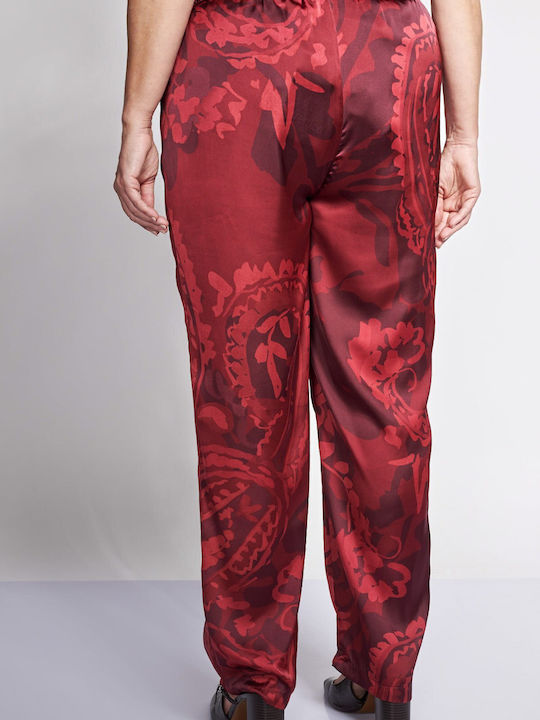 Pantaloni Damă Satin cu Elastic Croială Dreaptă Floral Roșu