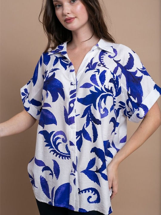 Damen Denim Halbknopfhemden Blau Blumen