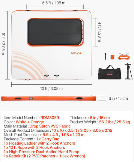 Vevor Saltea Gonflabilă Pentru Plajă Cu Mânere Albastru Deschis 305x305cm