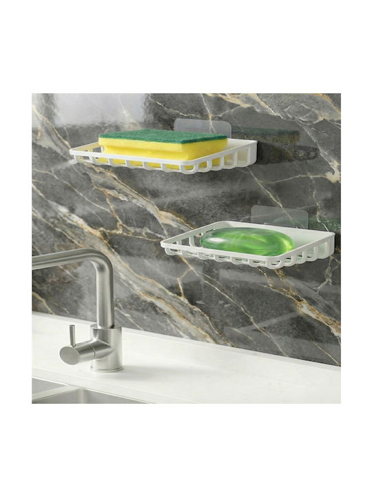 Femmit 2 Pcs Self-Adhesive Bathroom & Kitchen Soap Dish White Without Drilling Durable Waterproof Soap & Sponge Holder Drainage 12 X 8.5 Cm White