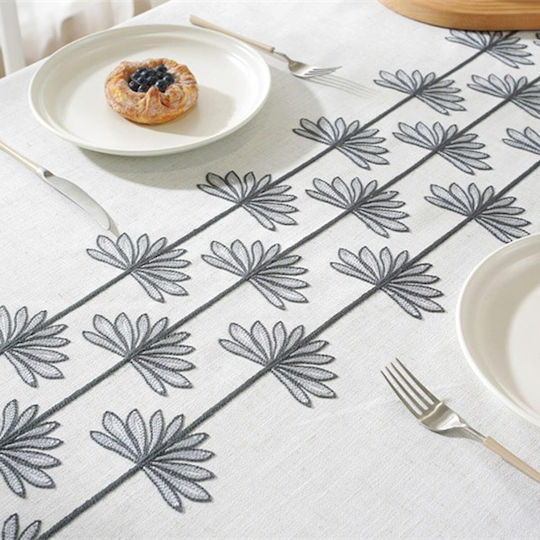 FRIPIA Leinen Tischtuch mit Stickerei Grau 140x250cm