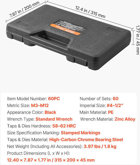 Vevor Set of Hand Taps and Threaders 60 Pieces Metric M3-m12 Sae Coarse Fine Thread Key Storage Case Szhbytz60jtmynael001v0
