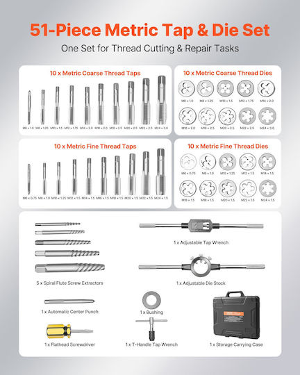 Vevor Set of Hand Taps and Threaders 51 Pieces Metric Sizes M6–M24 Coarse Fine Thread Key Accessories Steel Bearing Carrying Case Szhbytzdcc5190drk001v0