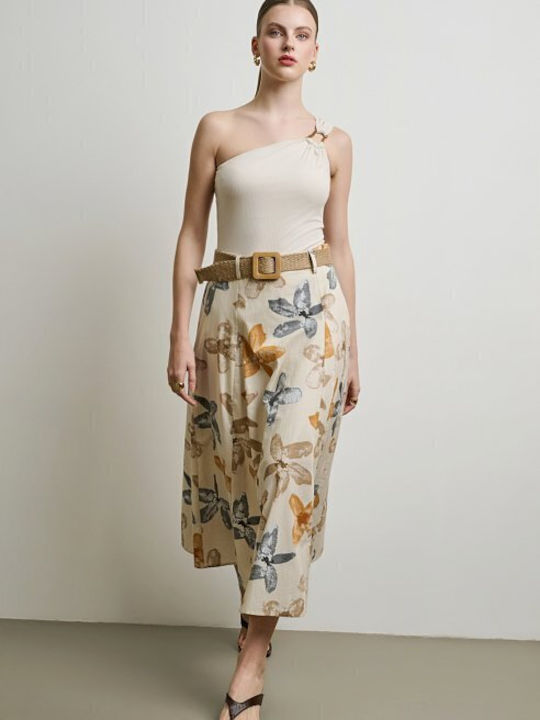 Midi Φούστα Floral Μπεζ