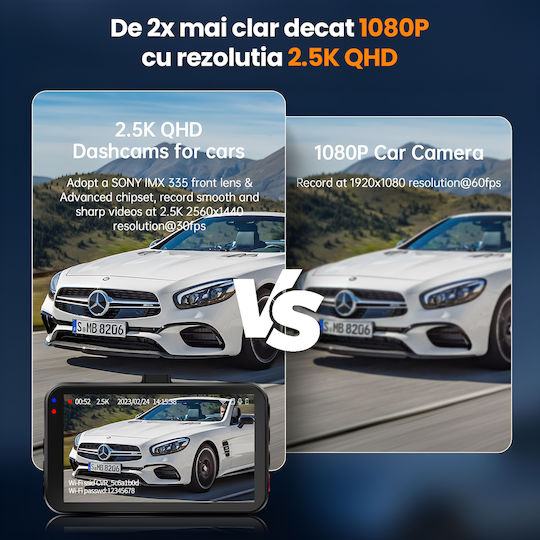 Set Cameră DVR Auto 1440P cu Ecran Wi-Fi și Cameră Marșarier