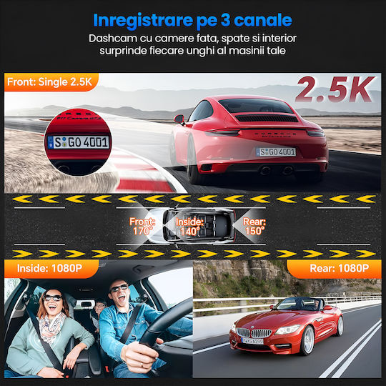 Set Cameră DVR Auto 1440P cu Ecran 3.16" Wi-Fi, GPS și Cameră Marșarier