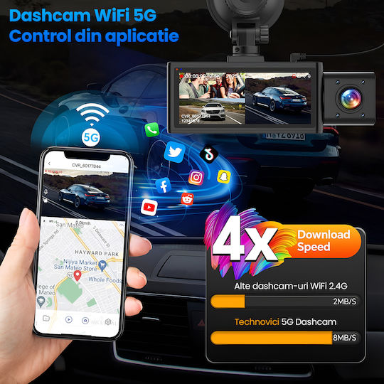 Комплект Камера DVR за Автомобил 1440P със Дисплей 3.16" Wi-Fi GPS и Задна Камера