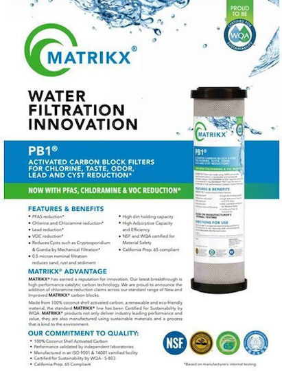 Matrikx Water Filter Cartridge Countertop and Under Sink from Activated Carbon 9"3/4 PB1 0.5 μm