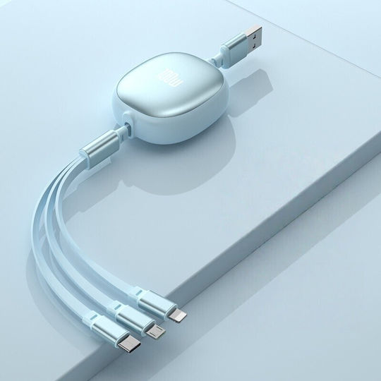 Universal Retractable Phone Cable Flippy Universal 3in1 Any Phone Type Micro-usb Lightning Type-c 1.2m Light Blue
