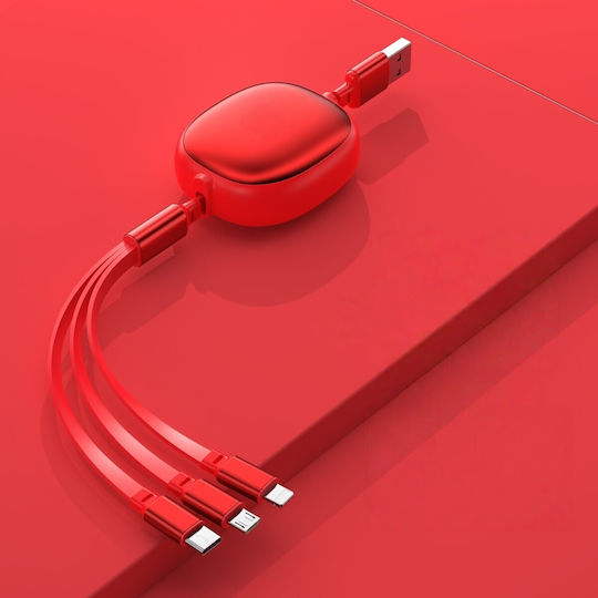 Universal Retractable Phone Cable Flippy Universal 3in1 Any Phone Type Micro-usb Lightning Type-c 1.2m Red