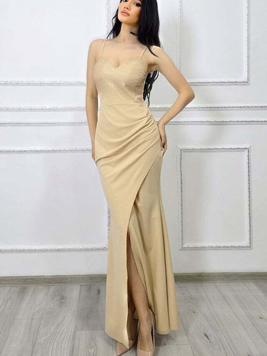 Rochie Maxi de Seară Wrap-Around cu Dantelă și Plasă Aurie