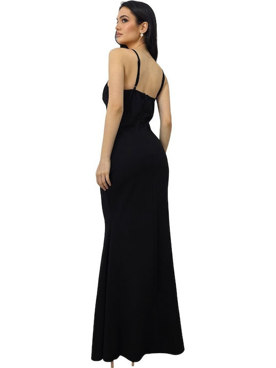 Maxi Evening Wrap Dress with Lace and Mesh Black
