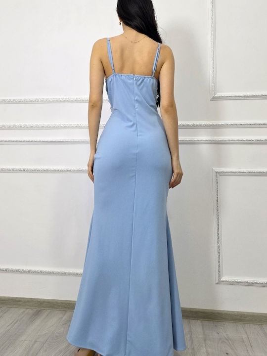 Maxi Abendkleid Wickel mit Spitze & Transparenz Hellblau