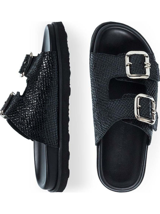Leder Flache Sandalen Für Damen Schwarz