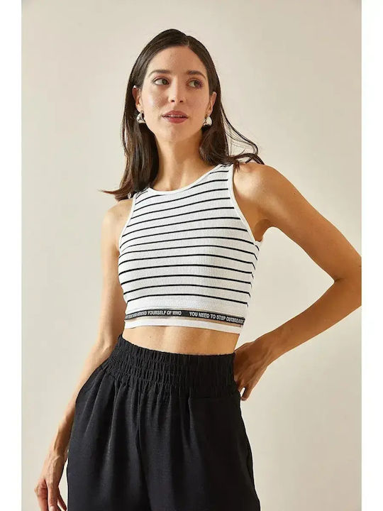 Women's Summer Crop Sleeveless Striped White Top