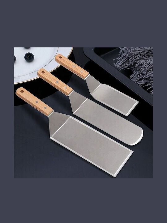 Set 3 Spatule Grătar Flippy Metalice Margini Subțiri Suprafață Antiaderentă Rezistente la Căldură Mâner Ergonomic din Lemn 3 Forme Agățătoare Gri