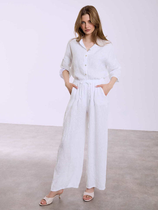 Celestino Women's Shirt Linen Embroidered Detail Loose Fit White