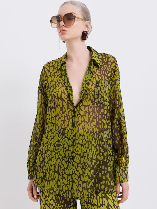 Long Sleeve Women's Satin Shirt Green