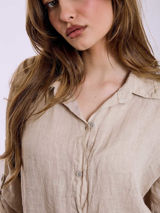 Celestino Women's Linen Shirt Three Quarter Sleeve Loose Fit Beige