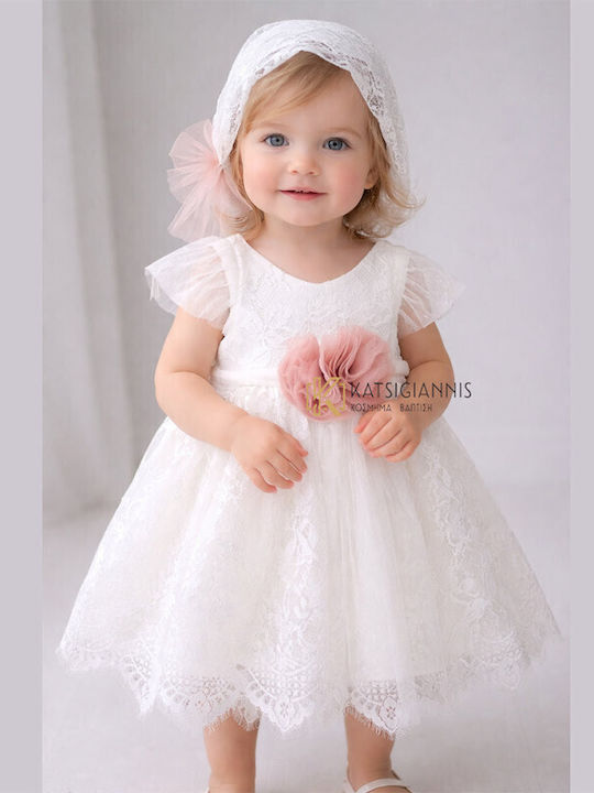 Carousel White Baptism Clothing Set with Hair Accessories , Cardigan & Dress made of Lace 3pcs