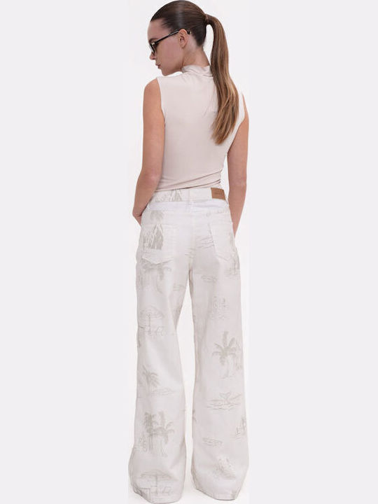 High Rise Women's Jean Pants in Wide Leg Style Ecru