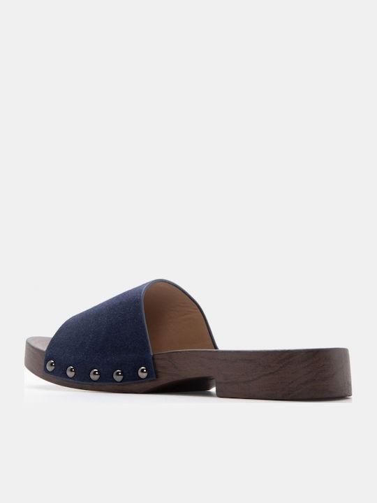 Flat Suede Mules In Navy Blue Colour