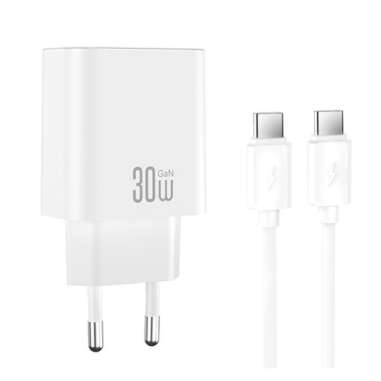 XO Зарядно Устройство GaN с USB-C Порт и Кабел USB-C - USB-C 30W Quick Charge 2.0 / Quick Charge 3.0 / Quick Charge 4.0 Бял (CE41)