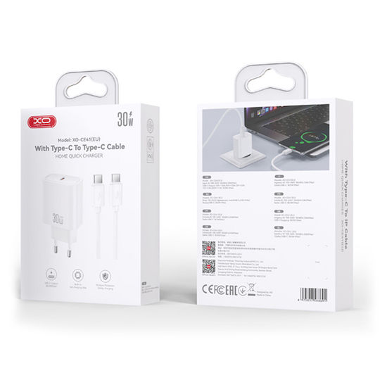 XO Зарядно Устройство GaN с USB-C Порт и Кабел USB-C - USB-C 30W Quick Charge 2.0 / Quick Charge 3.0 / Quick Charge 4.0 Бял (CE41)