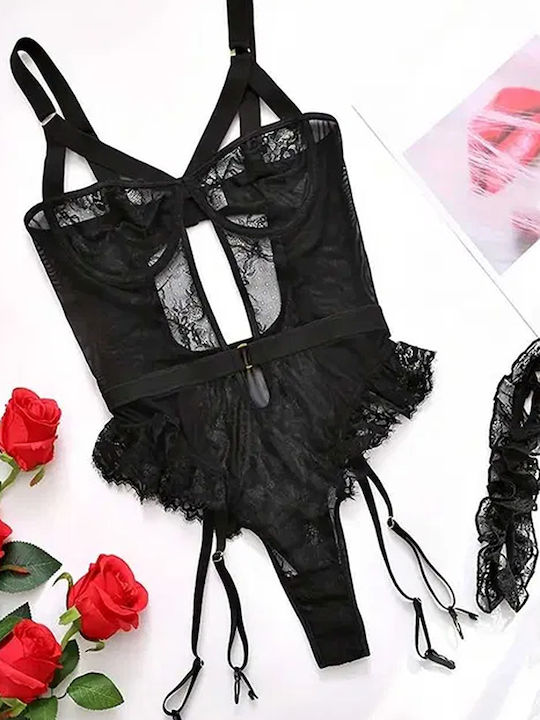 Sexy Lace Bodysuit Lingerie – Garter Belt Push-up Underwire Bra Brazilian Panties Black