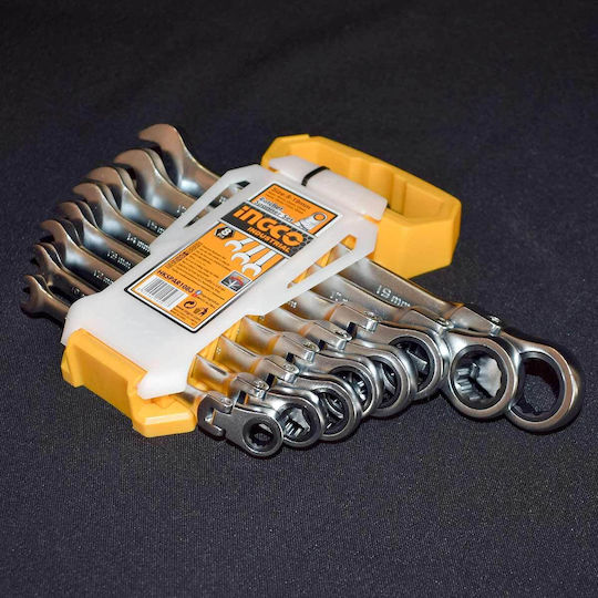 Ingco Set of Ratchet Polygon Wrenches with Sizes from 8mm to 19mm 8 Pieces