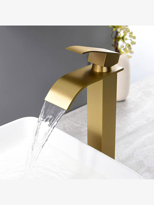 Tall Gold Waterfall Mixing Sink Faucet