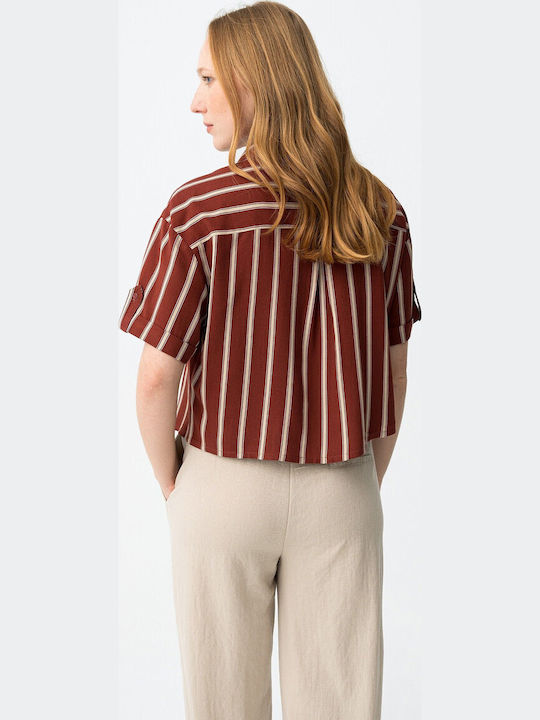 Short Sleeve Women's Linen Shirt Red Striped