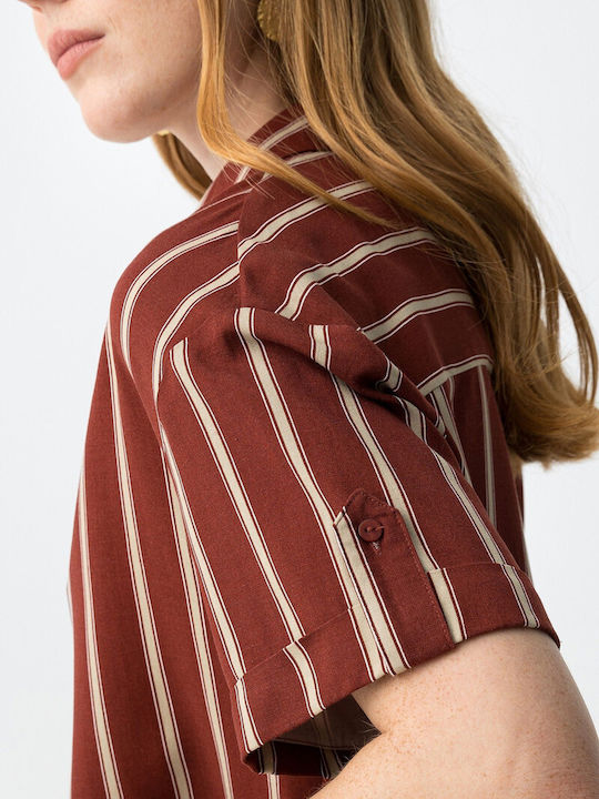 Short Sleeve Women's Linen Shirt Red Striped