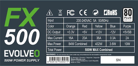 Evolveo 500W Μαύρο Τροφοδοτικό Υπολογιστή Full Wired (CZEFX500)