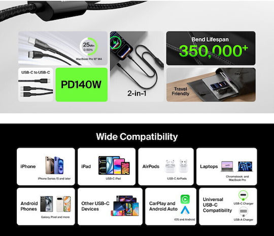 Belkin USB 2.0 Cable USB-C male - USB-C 140W Μαύρο 1.5m CAC004hq1.5MBK