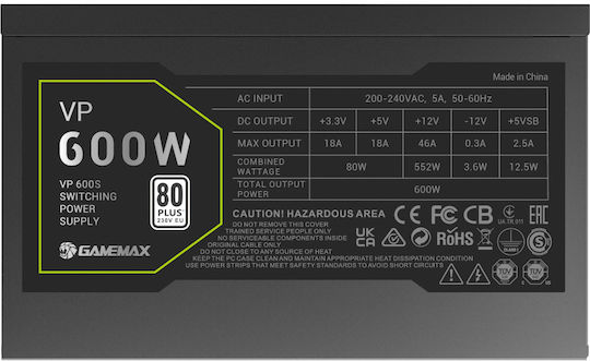 GameMax VP-600S 600W Black Power Supply Full Wired 80 Plus Standard