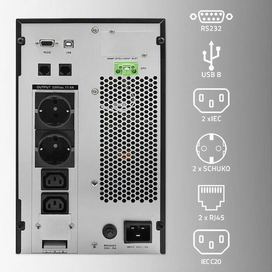 Qoltec 52282 Unitate UPS 3000VA 3000W cu 2 Prize Schuko