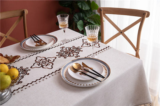 FRIPIA Покривка за маса Лен с Бродерия Кафява 140x250см
