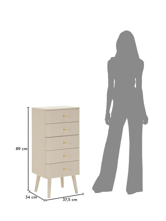 Wooden Bedroom Chest of Drawers with 5 Drawers Ecru 37.5x34x89cm