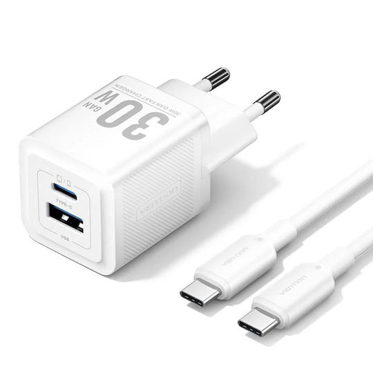 Vention Φορτιστής Χωρίς Καλώδιο GaN με 2 Θύρες USB-C 45W Power Delivery Λευκός (FCFW0-EU)