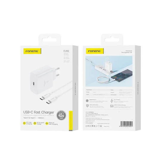 Foneng Φορτιστής GaN με Θύρα USB-C και Καλώδιο USB-C - USB-C 45W Power Delivery Λευκός (EU62)