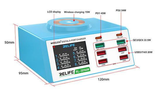 Relife Relife Rl-309aw Drahtloses Digitalanzeige 8-Port Ladegerät