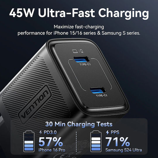 Vention Φορτιστής Χωρίς Καλώδιο GaN με 2 Θύρες USB-C 45W Power Delivery Μαύρος (FEFB0-EU)