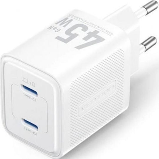 Vention Φορτιστής Χωρίς Καλώδιο GaN με 2 Θύρες USB-C 45W Power Delivery Λευκός (FEFW0-EU)