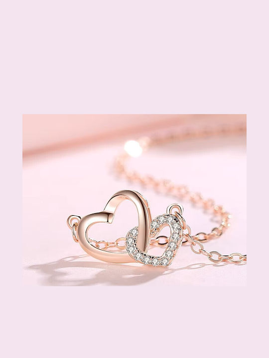 By Queen Women's Necklace Double Heart S925 Zircon Rose Gold