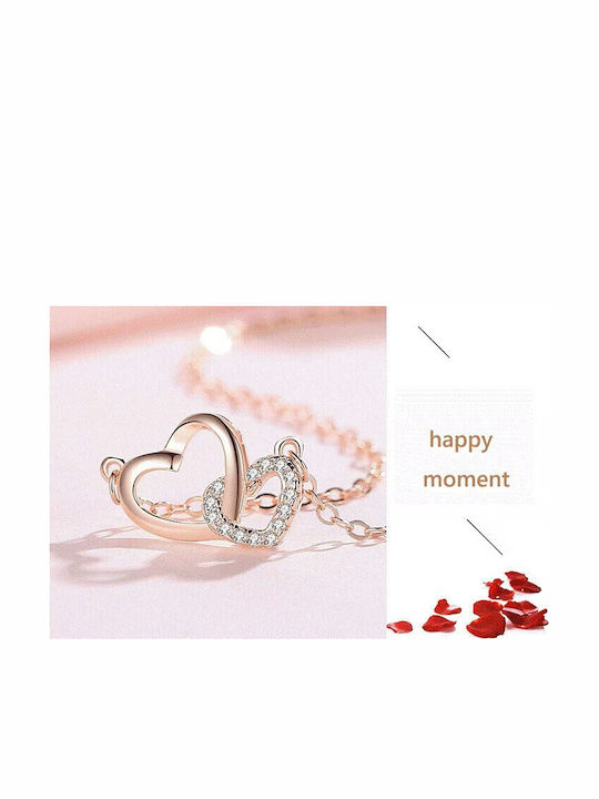 By Queen Women's Necklace Double Heart S925 Zircon Rose Gold